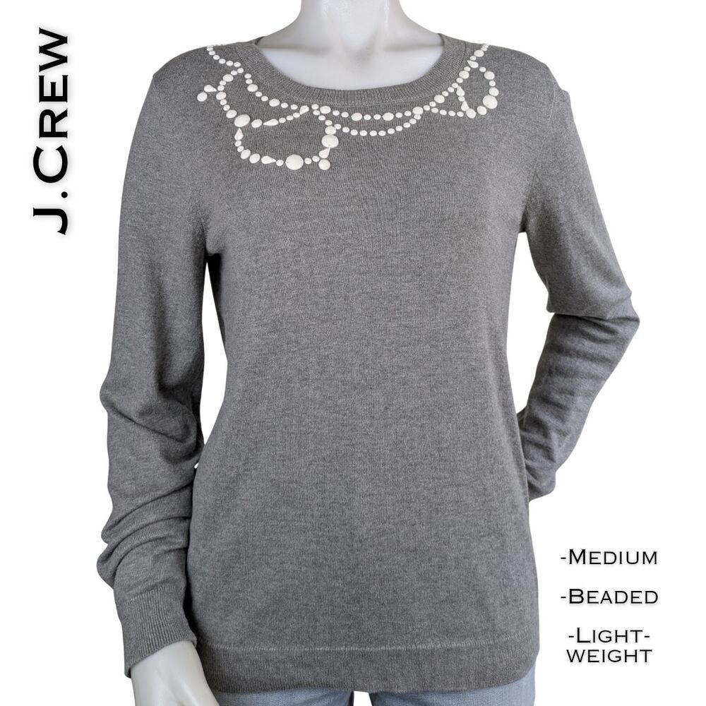 J.Crew Sweater Womens Medium Gray Embellished Beaded Holiday Cotton Wool Blend